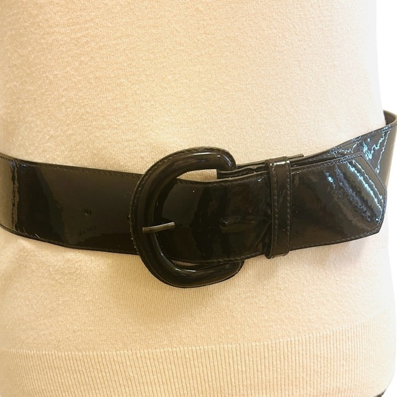 Vintage 1980's Belt Black Glossy Vinyl Faux Patent Leather Wide Women's size 12 - Picture 1 of 16